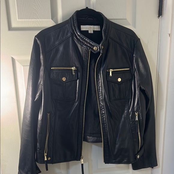 Boston Proper Black and Gold Leather Moto Jacket - Picture 2 of 9